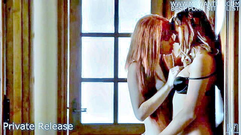 Vintage lesbians Ella Alexandra and redhead kissing in lingerie