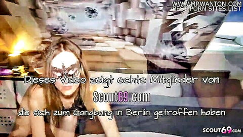 Slim German teen Marie in masked creampie gangbang with old guys