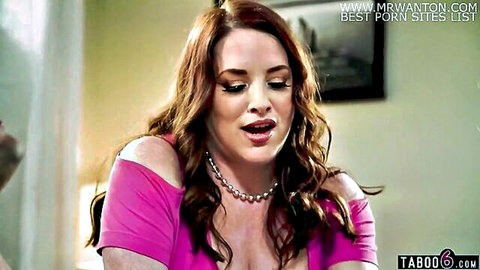 Maggie Green in pink dress seducing blindfolded stepson