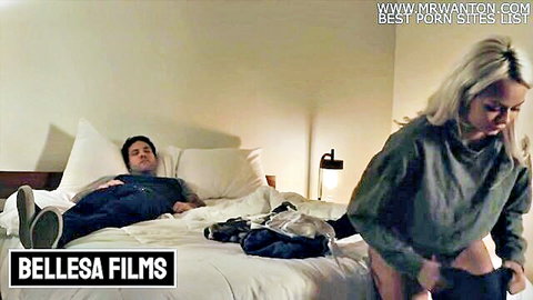 Elsa Jean in grey hoodie and stockings teases sleeping man in breakin fantasy