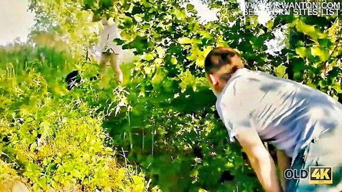Young woman with glasses outdoor sex with friend's old dad in Old4K