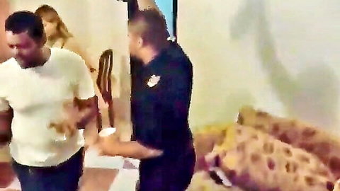 Blonde woman flirts with two fit Arab men in casual home encounter