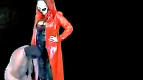 Miss Terie in red latex dominates leashed naked sub in CFNM femdom tease