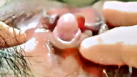 Closeup of hairy East Asian pussy spread by fingers revealing big pink clit and wet folds