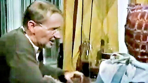 Vintage couple in intimate dinner conversation, classic adult scene