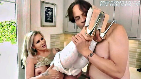 Blonde milf topless in high heels getting oral in kitchen
