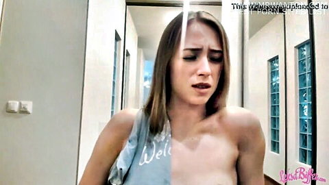 Slim Caucasian girl in ecstasy, tank top slipping off, tied squirting orgasm with sex toys