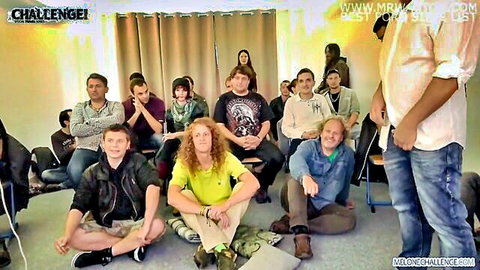 Mea Melone faces fat guy failing erection in huge audience challenge