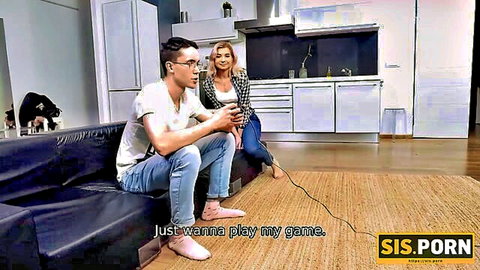 Blonde Anna Krowe teases stepbrother while gaming on couch