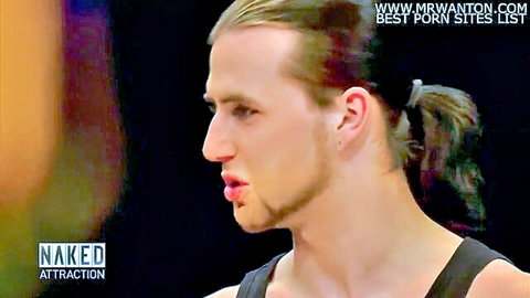 Side profile of athletic man with ponytail in black tank top, Naked Attraction German version