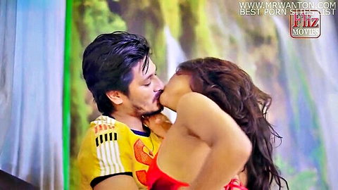 Indian bhabhi in red top passionately kissed by man in yellow shirt