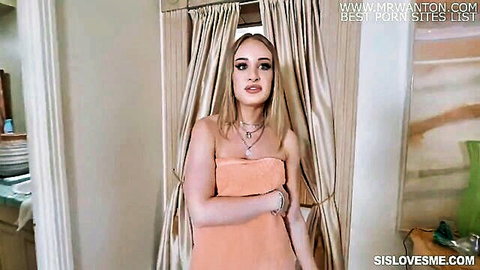 Blonde teen stepsister wrapped in peach towel teases in bathroom mirror POV