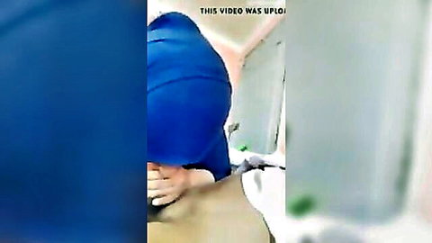 Tunisian woman in blue hijab bent over bathroom mirror for rear entry sex