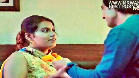 Desi bhabhi in yellow saree holding hands with brother-in-law in intimate scene