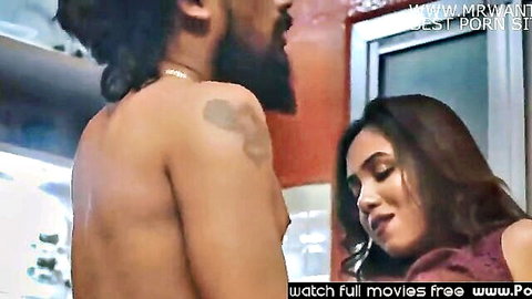 Indian big boob maid in maroon top embraced by shirtless house owner