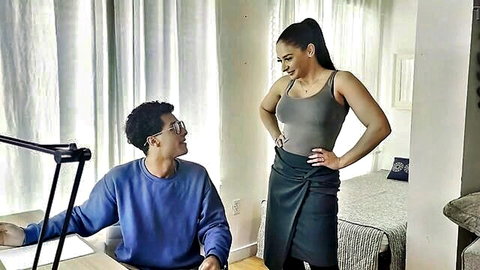 Sheena Ryder in tight tank top and skirt rewards stepson for studying