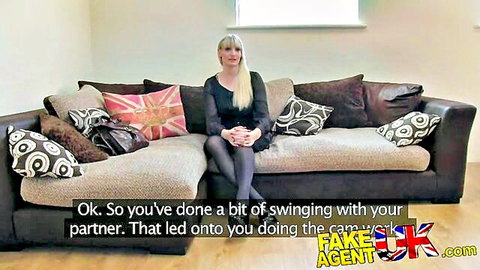 Tall blonde MILF in black dress and stockings on fake casting couch