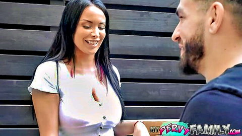 Anissa Kate as hot foreign step-aunt teasing with cleavage outdoors