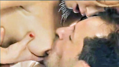 Blonde mature wife topless, passionately kissing lover in steamy fling