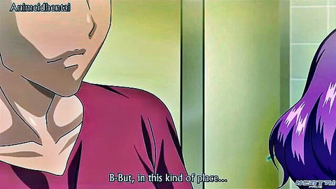 Hentai anime girl with long purple hair stutters 'B-But in this kind of place' as guy approaches closely