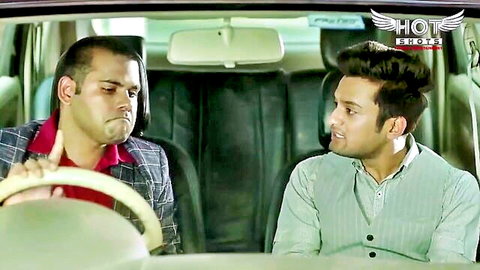 Two Indian men in car sharing intense gaze, Wicked adult short