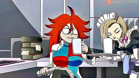Busty redhead anime girl in tight uniform served tea by blonde maid in hentai scene