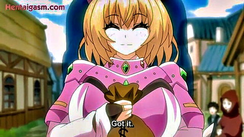 Blonde catgirl heroine Miria in sexy pink armor holding money bag from Yuusha-Hime hentai