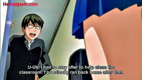 Nervous green-haired anime boy with glasses in school uniform smiles while talking about classroom cleaning in hentai scene