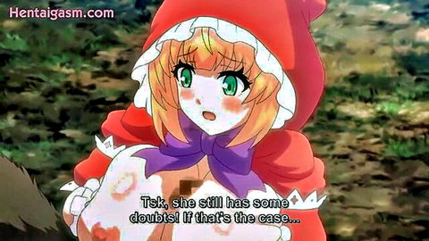 Blonde anime girl in red hood exposes big tits to wolf in hentai