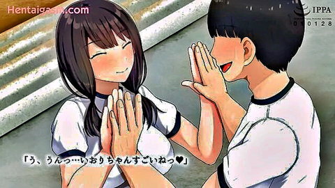 Blushing hentai schoolgirl in uniform presses hands with smiling anime boy in cute intimate moment