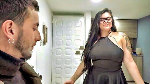 Latina brunette with big tits in tight black dress teases smiling boyfriend in amateur homemade video