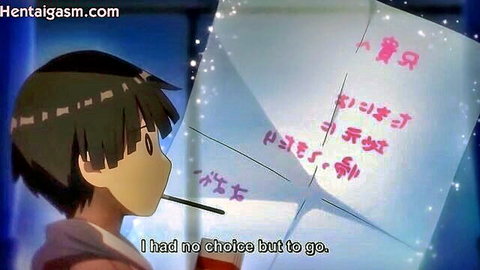 Anime boy in hoodie holds glowing letter with Japanese text reading 'I had no choice but to go' in hentai scene