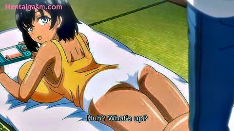 Busty anime hentai girl with massive tits in yellow top and wedgie white panties playing game on tatami mat