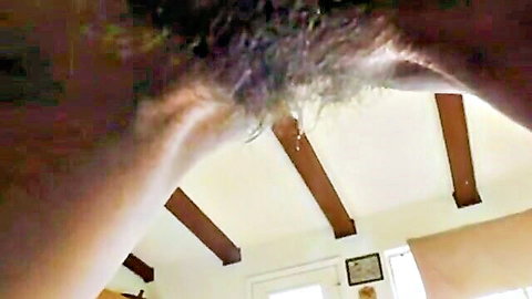 POV closeup of mature woman's hairy pussy spread with creampie cum dripping after rough fuck