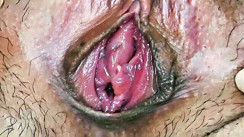 Extreme close-up of spread open hairy pussy revealing moist pink vaginal interior and labia