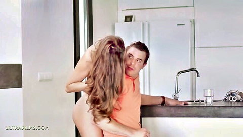 Connie Carter nude seduces man in embrace from behind