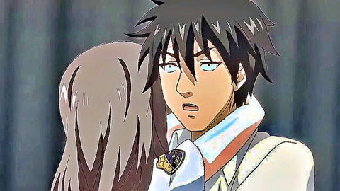 Anime teen boy shocked as schoolgirl hugs him from behind in classroom