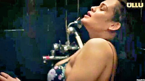 Indian bhabhi with big boobs in wet floral bra, sensual shower tease