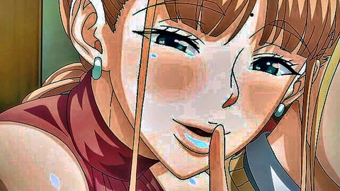 Teary-eyed anime housewife shushing with finger to lips, seductive red outfit