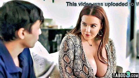 Natasha Nice BBW MILF in cleavage-revealing snake dress with skinny guy