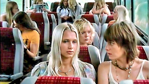 Vintage German blondes chatting on bus in classic porn movie scene