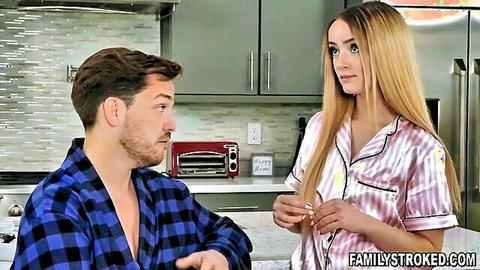 Blonde Maria Kazi in pink pajamas teases stepdad Kyle Mason in robe