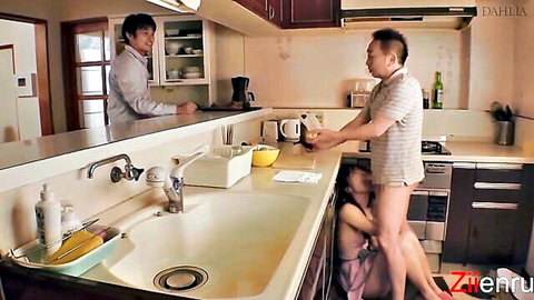 Japanese stepdaughter crouches under sink for stepdad's cock in kitchen