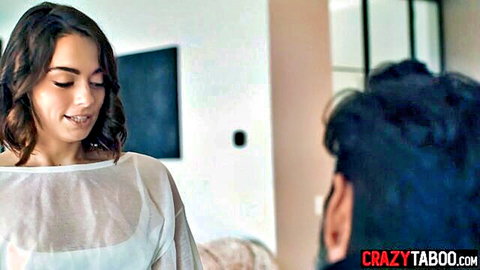Sophia Burns in sheer top facing older man, teasing encounter