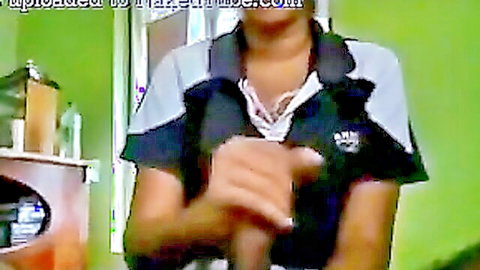 Desi girl in collared shirt gives handjob to throbbing cock closeup