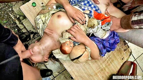 Brunette Lady Bug dominated in twisted family BDSM scene with dolls