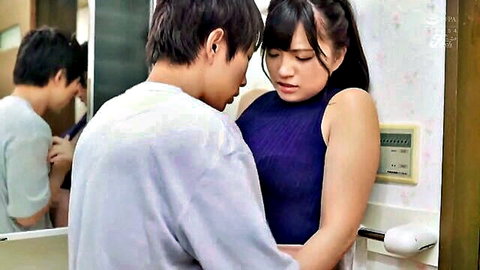 Japanese stepsister embraced by stepbrother in mirror reflection