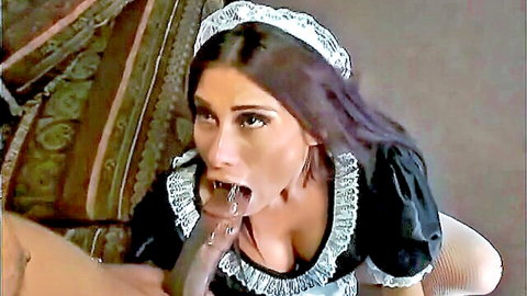 Latina maid in uniform deepthroats thick BBC cock in her open mouth