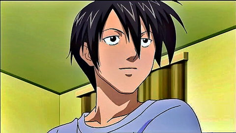 Anime black-haired guy in light blue shirt, casual bedroom pose