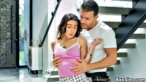 Chanel in pink tank top embraced by Codey, teasing threesome passion